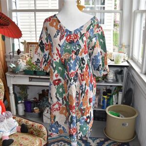 Vintage 90s Linen Blend Floral Shift Dress Artsy Tropical Tunic L